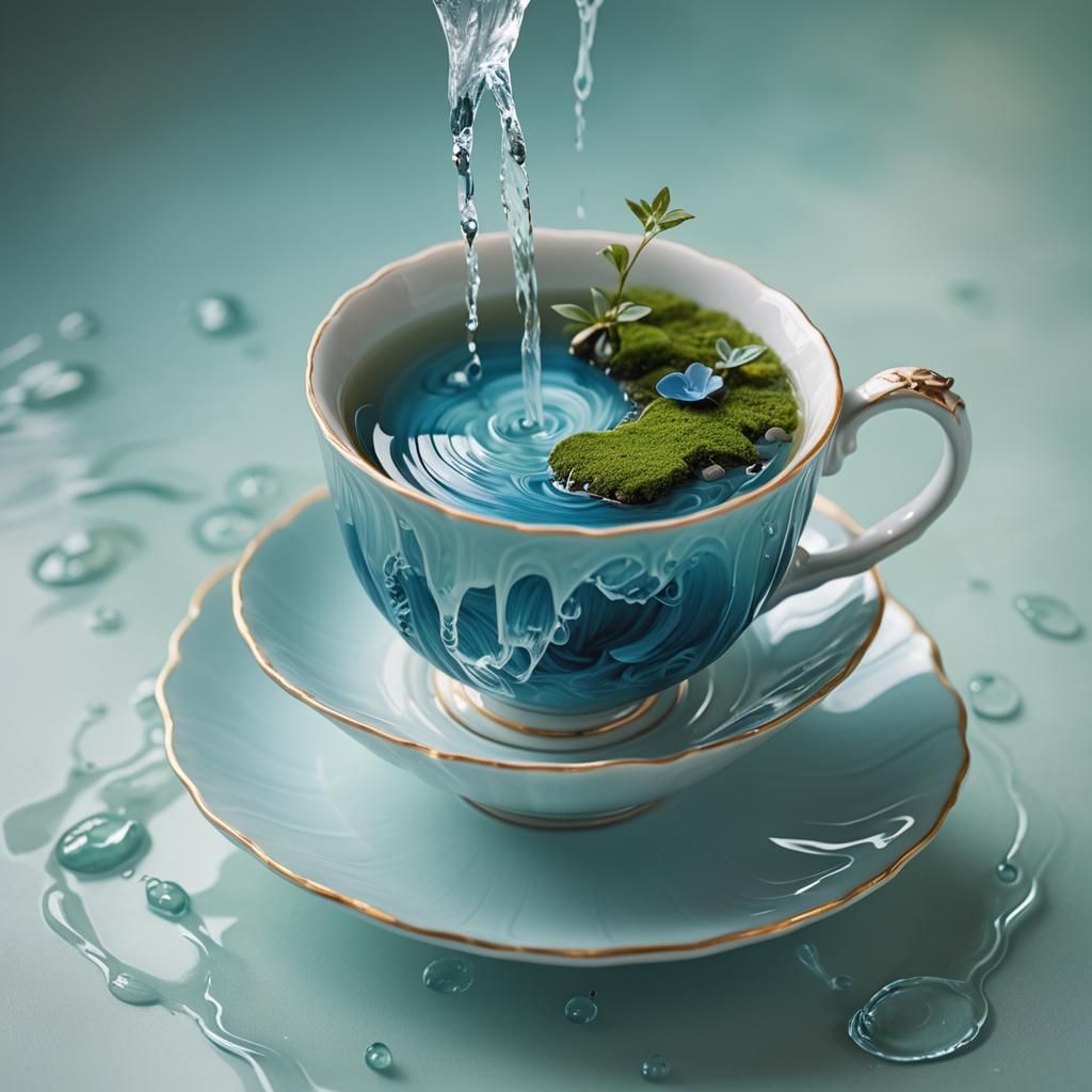 Surreal Teacup Waterfall in Dreamlike Digital Art