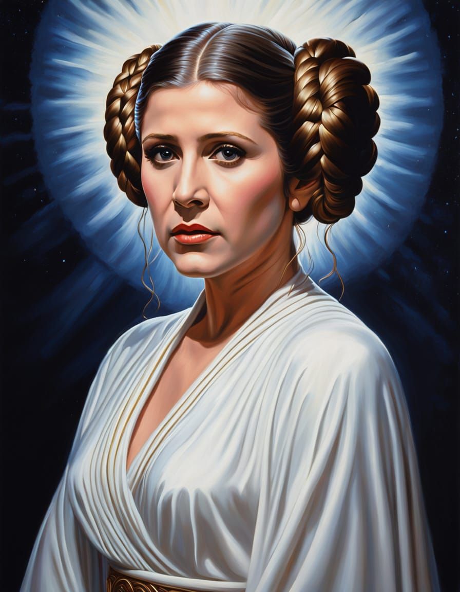 Carrie Fisher as Princess Leia: regal portrait, intricate br...