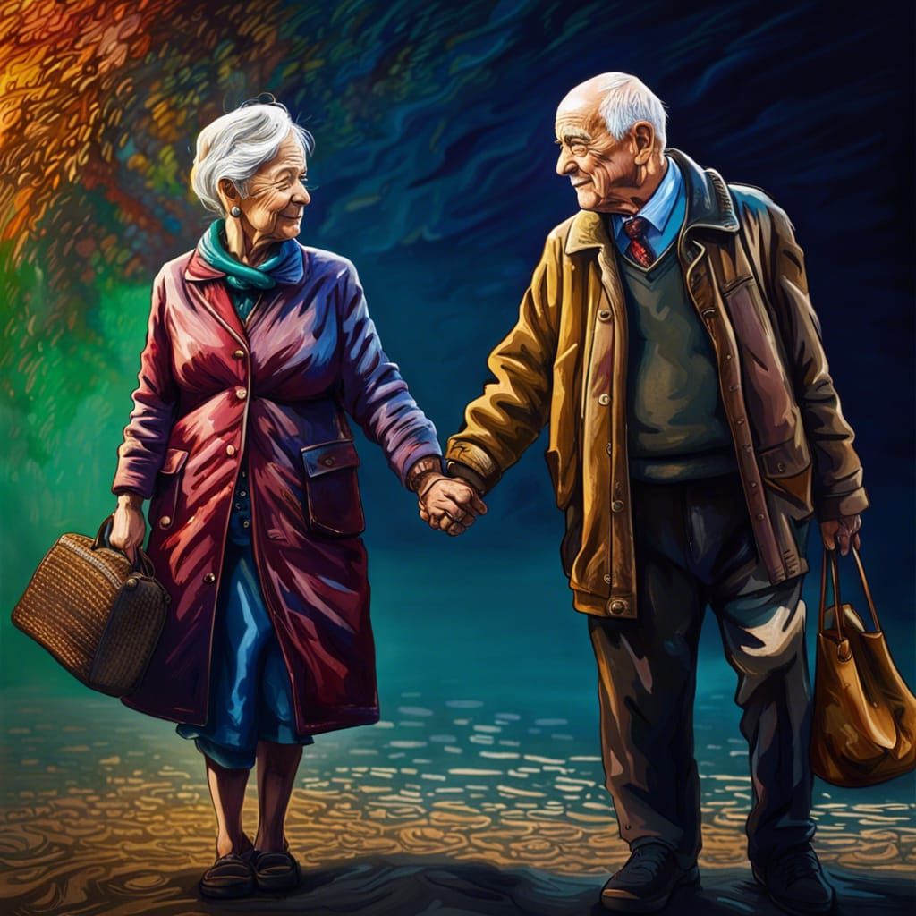 Elderly Couple Holding Hands in London, Hyperrealistic Art