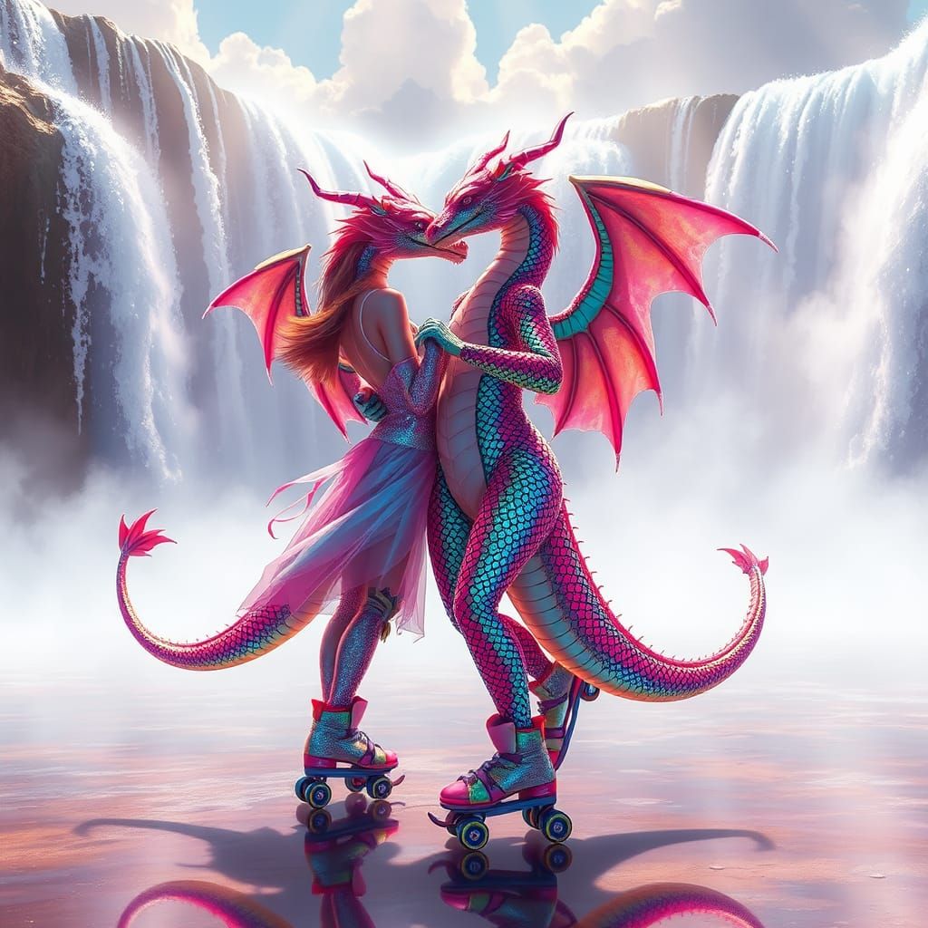 Neon Human-Dragon Couples Roller Skating Fantasy
