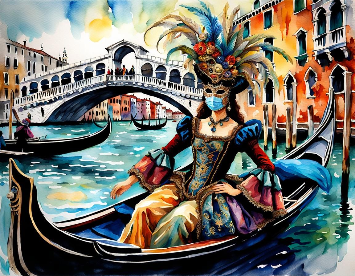 Venice Carnival Woman in Costume Watercolor Painting