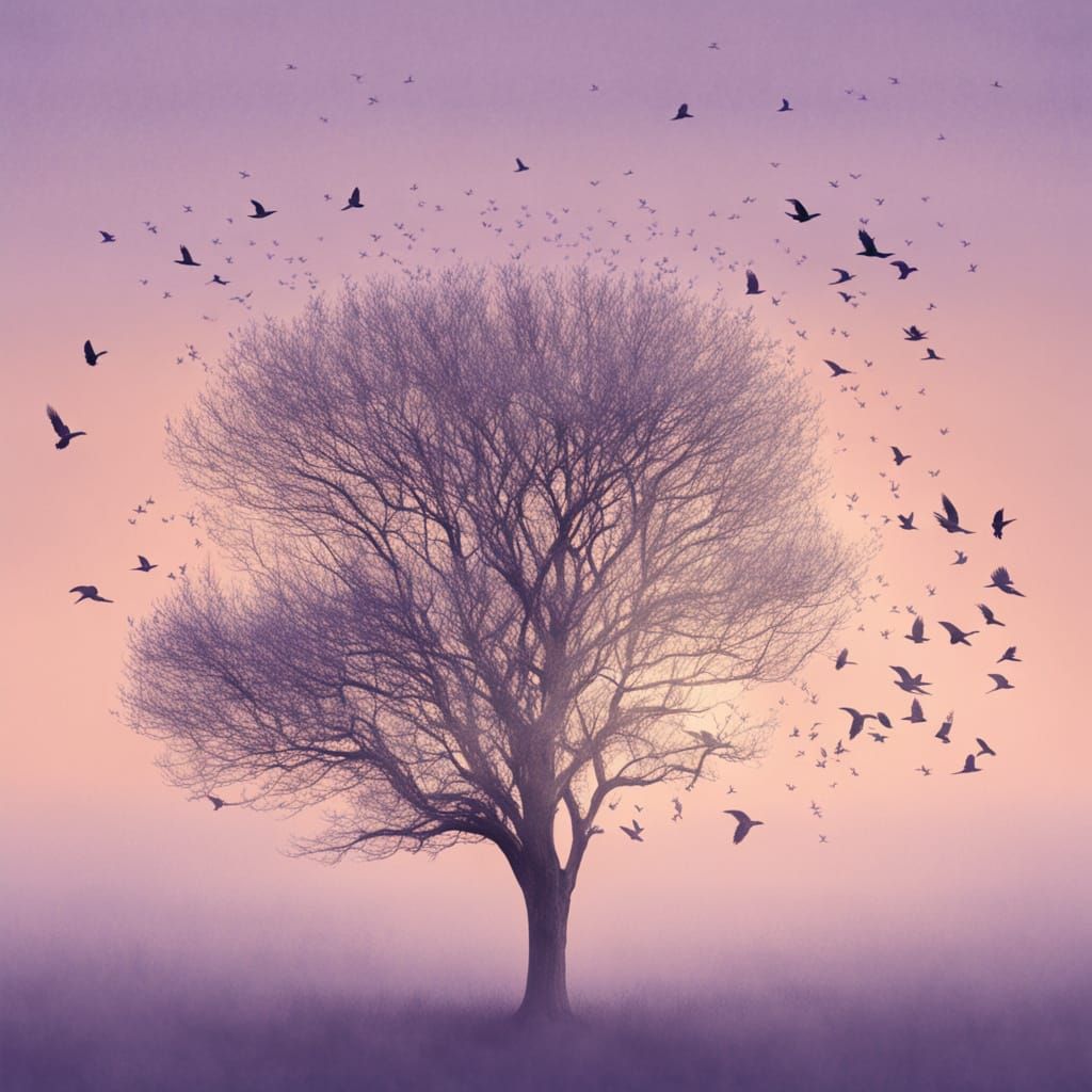 Ethereal Double Exposure: Tree of Birds