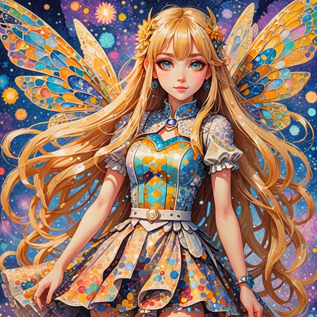 Anime Cyborg Fairy in Pointillism Style