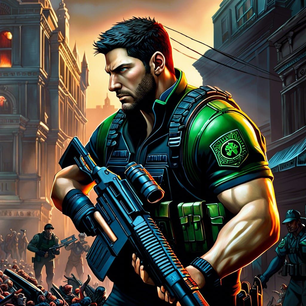 Chris Redfield Shooting Zombies in a Devastated City