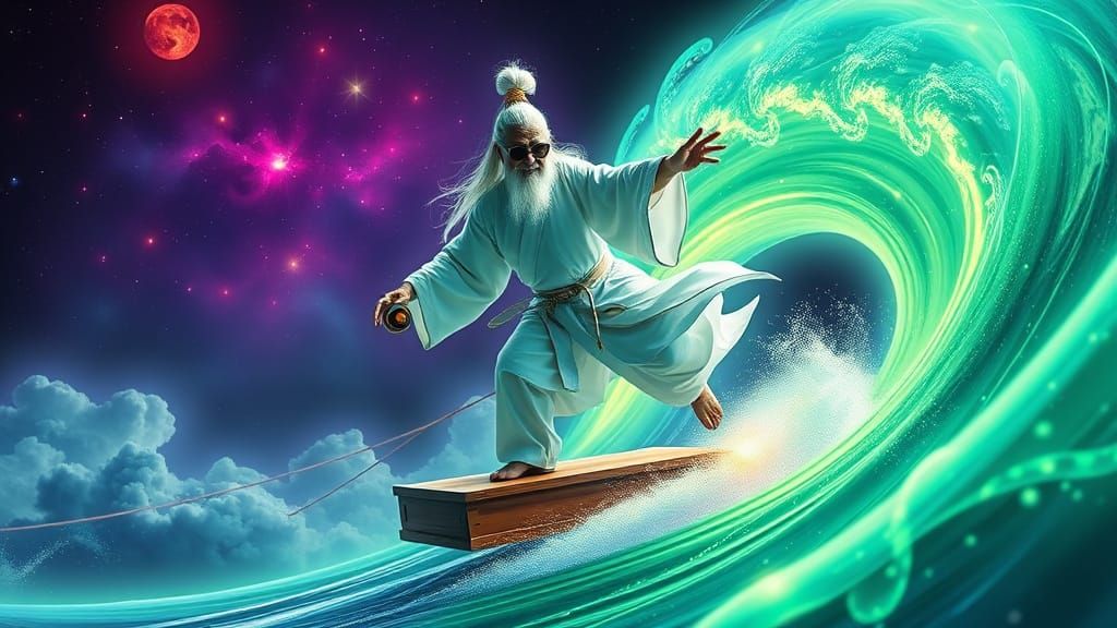 Ancient Kung Fu Master Surfs Cosmic Wave in Neon-Lit Heaven