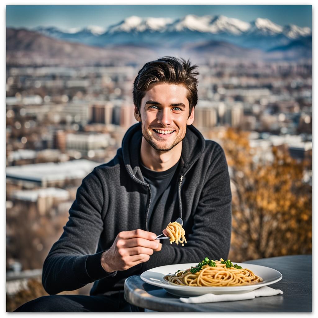 Young Man Eating Spaghetti with City View