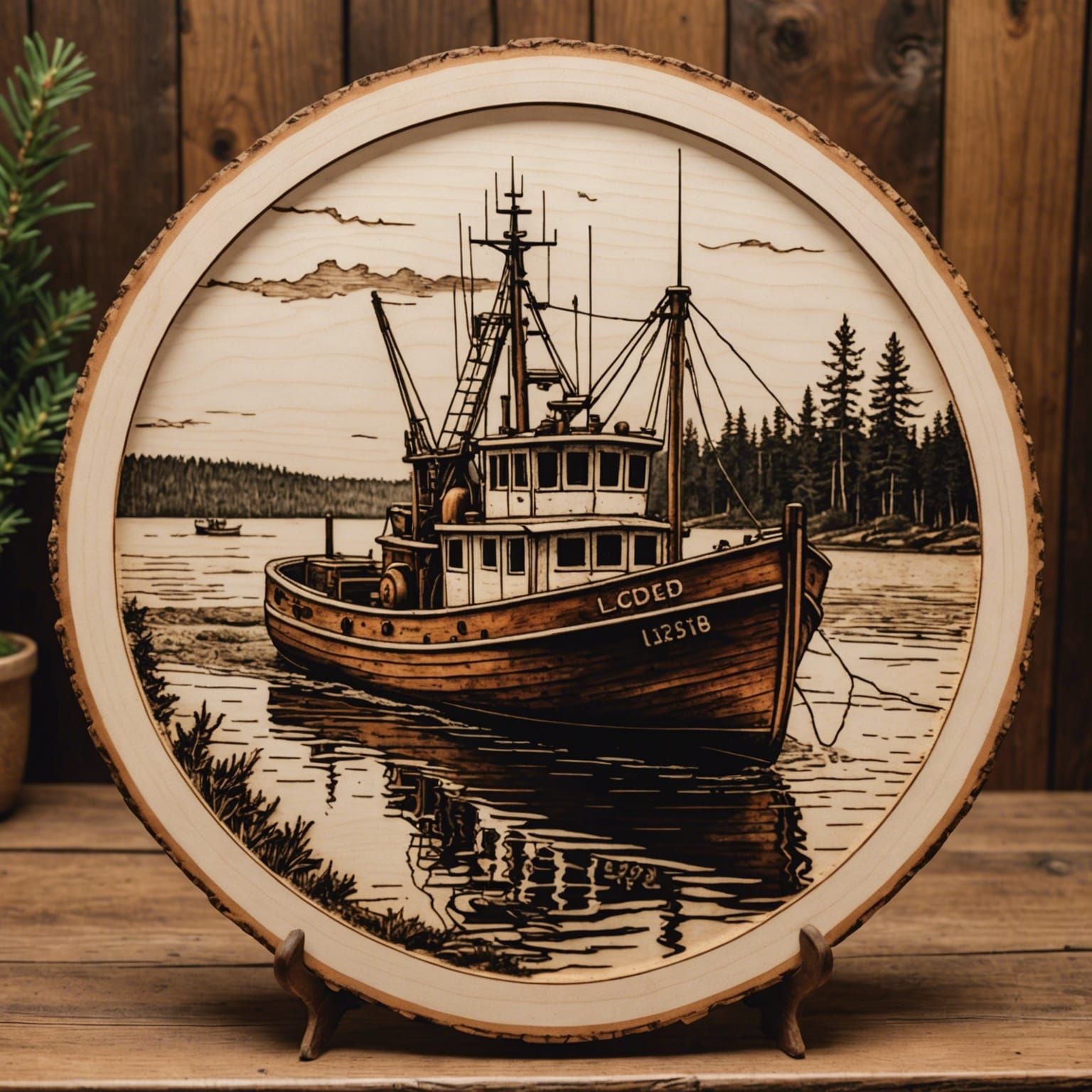 Wood Burned Lobster Boat on Pine Slab