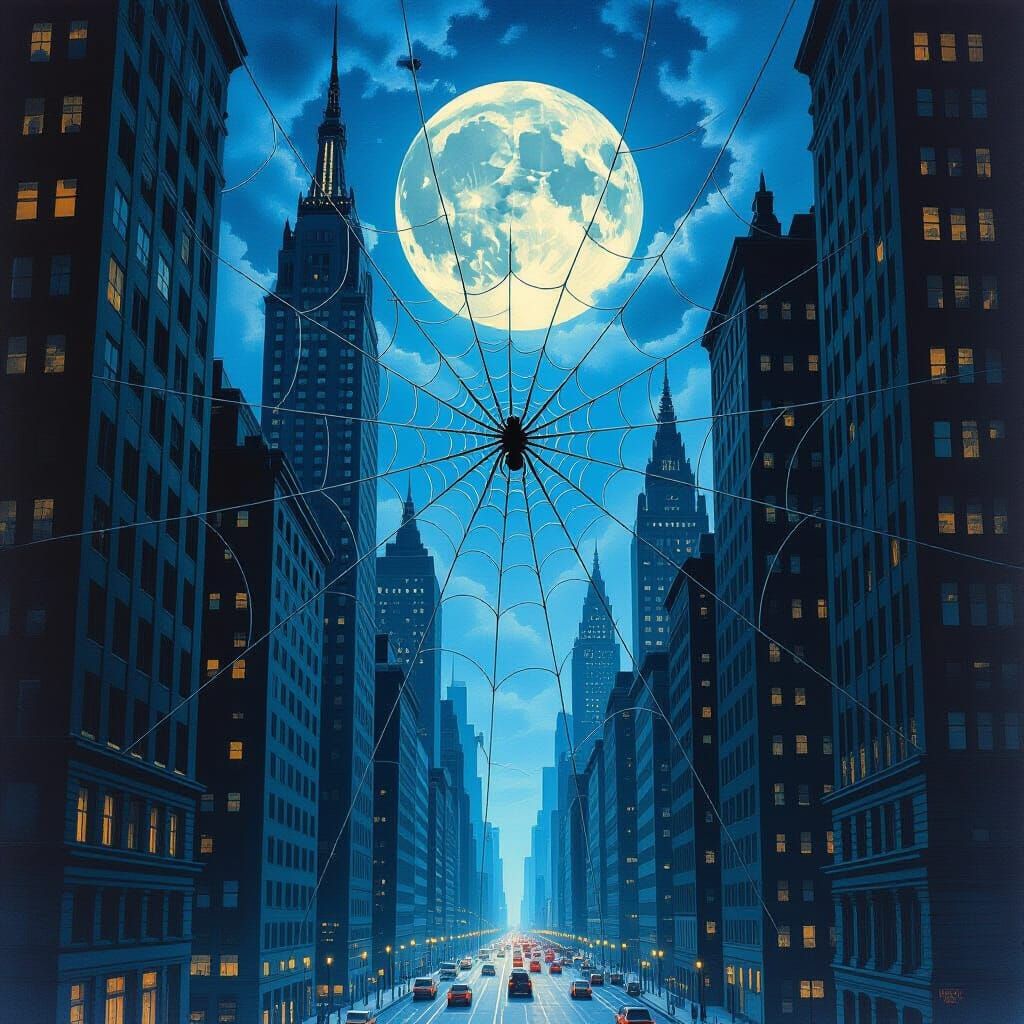 Giant Spider Web Over City At Night