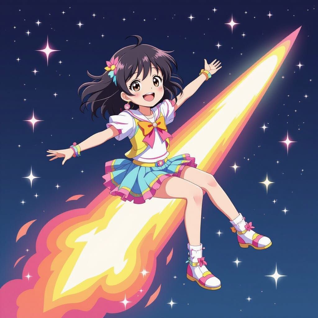 Girl Riding Comet in Whimsical Anime Style