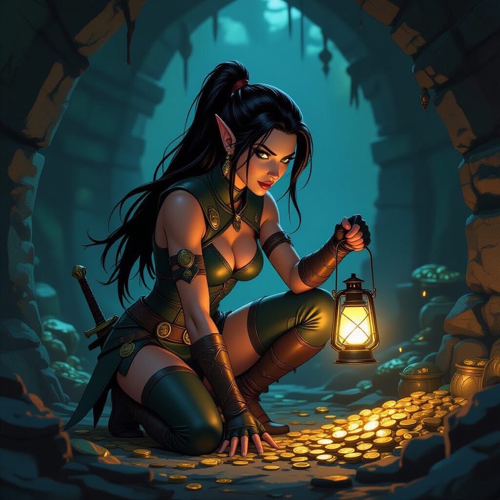 Beautiful Elf Rogue Explores Treasure Room in Comic Style