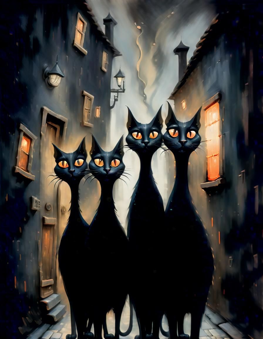 Surreal Cartoon Cats in Dreamlike Alleyway