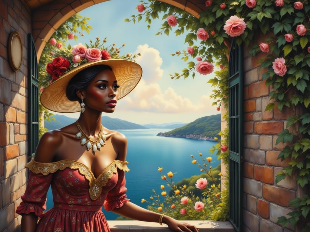 Black Woman in Italian Villa Admiring Mediterranean Sea