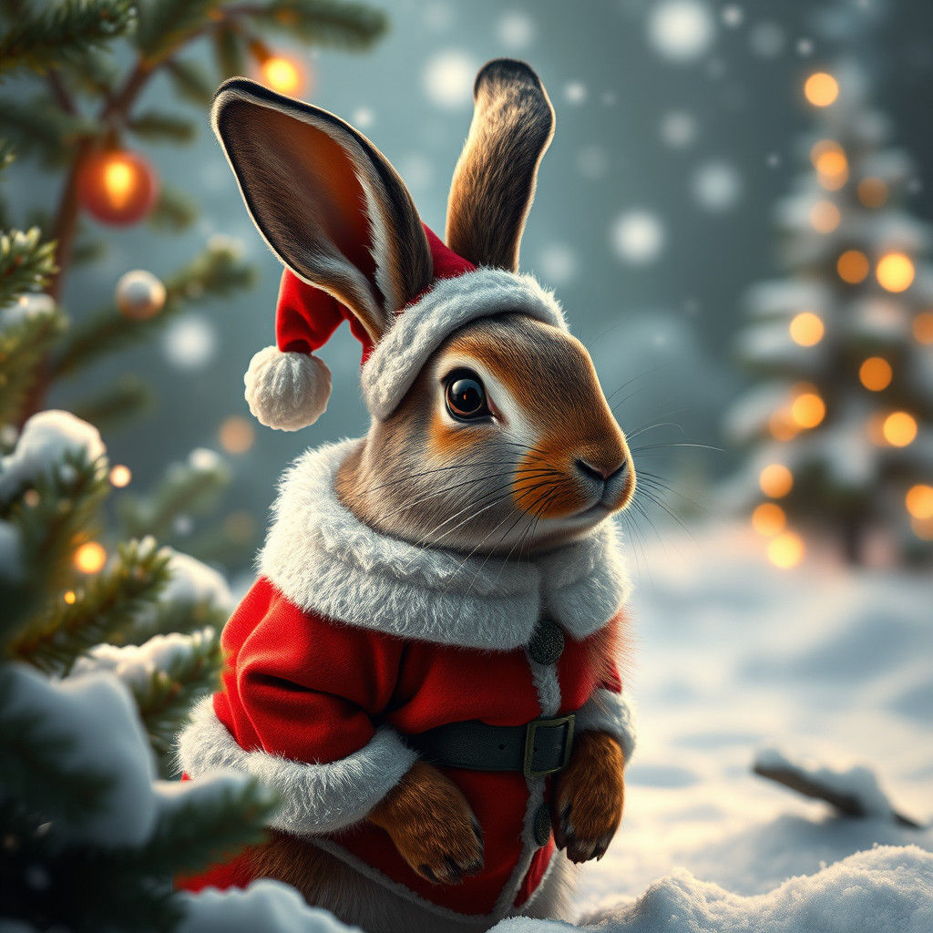 Hare in Santa Costume, Winter Wonderland Scene