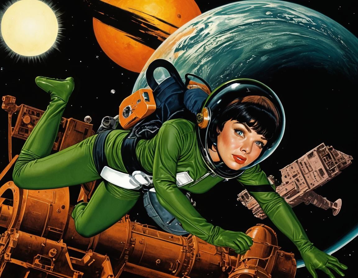 Betty Page in Space with Green Latex Catsuit