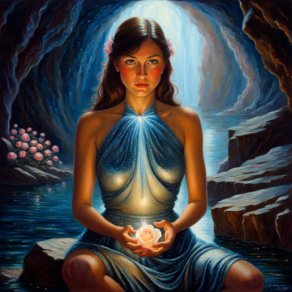 Woman with Rosebud in Gurney Style Oil Painting