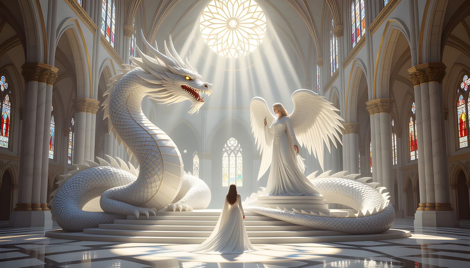 Marble Dragon Sculpture on Cathedral Stairs in Divine Light