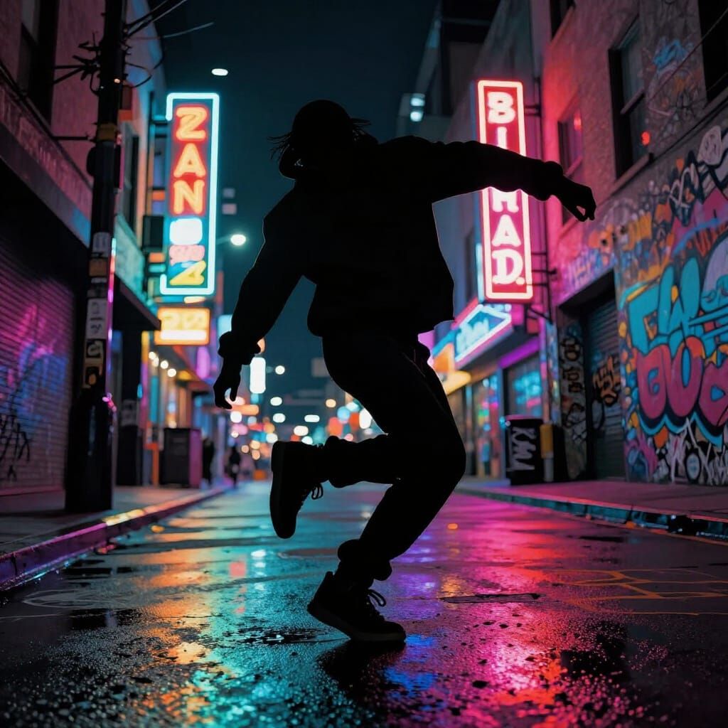 Street Dancer in Neon Cityscape Graphic Novel Style