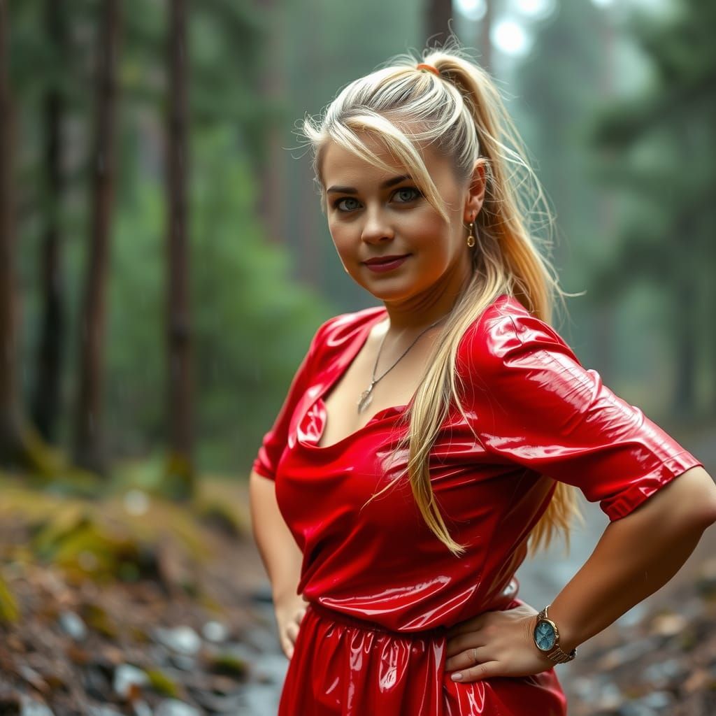 Blonde Woman in Red Dress in Rainy Forest