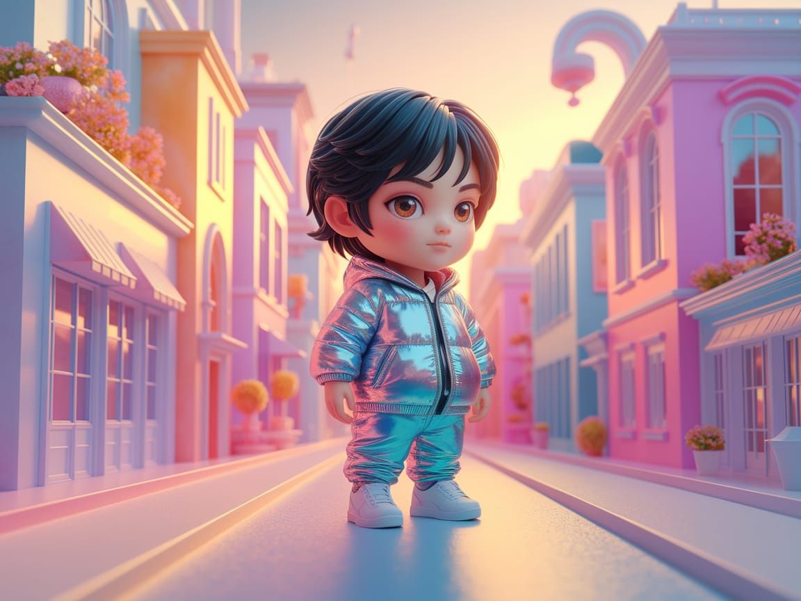 Kidcore Figure in Dreamy Watercolor Cityscape