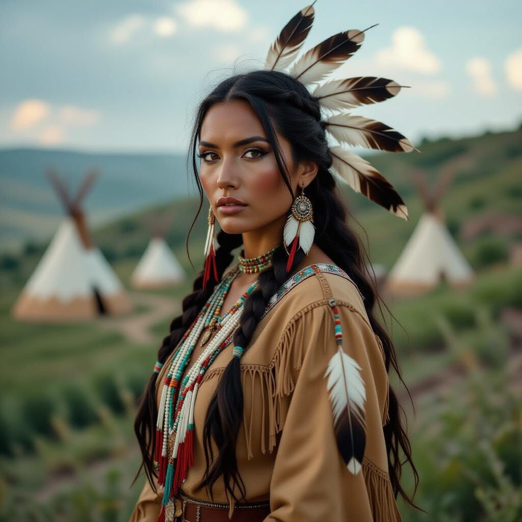 Native American Woman Overlooking Village, Cinematic Style