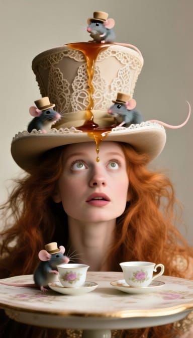 High Fashion Portrait of Woman with Tea Table Hat