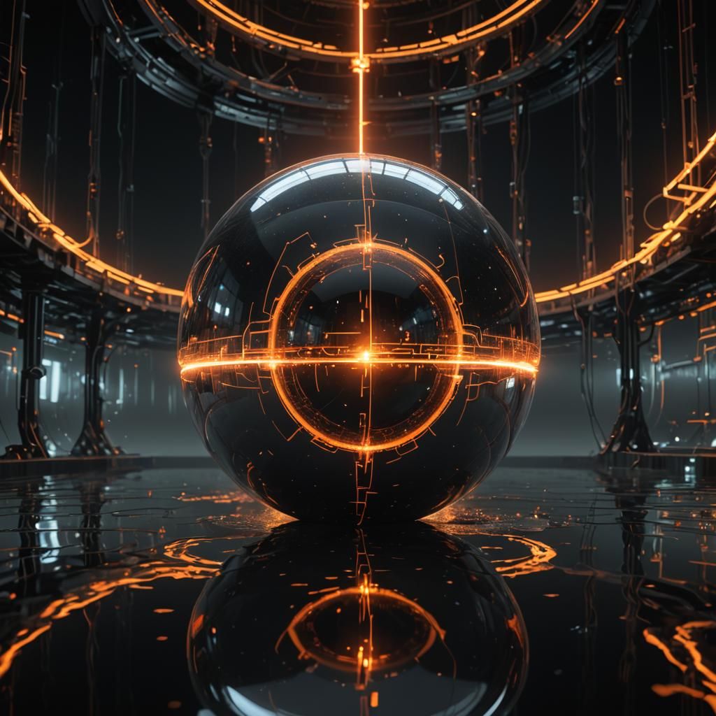 Metallic Sphere with Glowing Circuitry in Dark Space