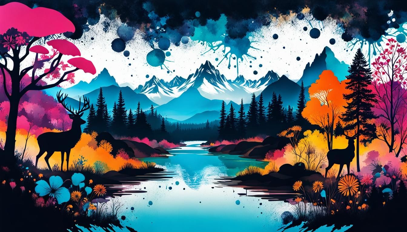 River Landscape in Double Exposure Ink Splatter Art