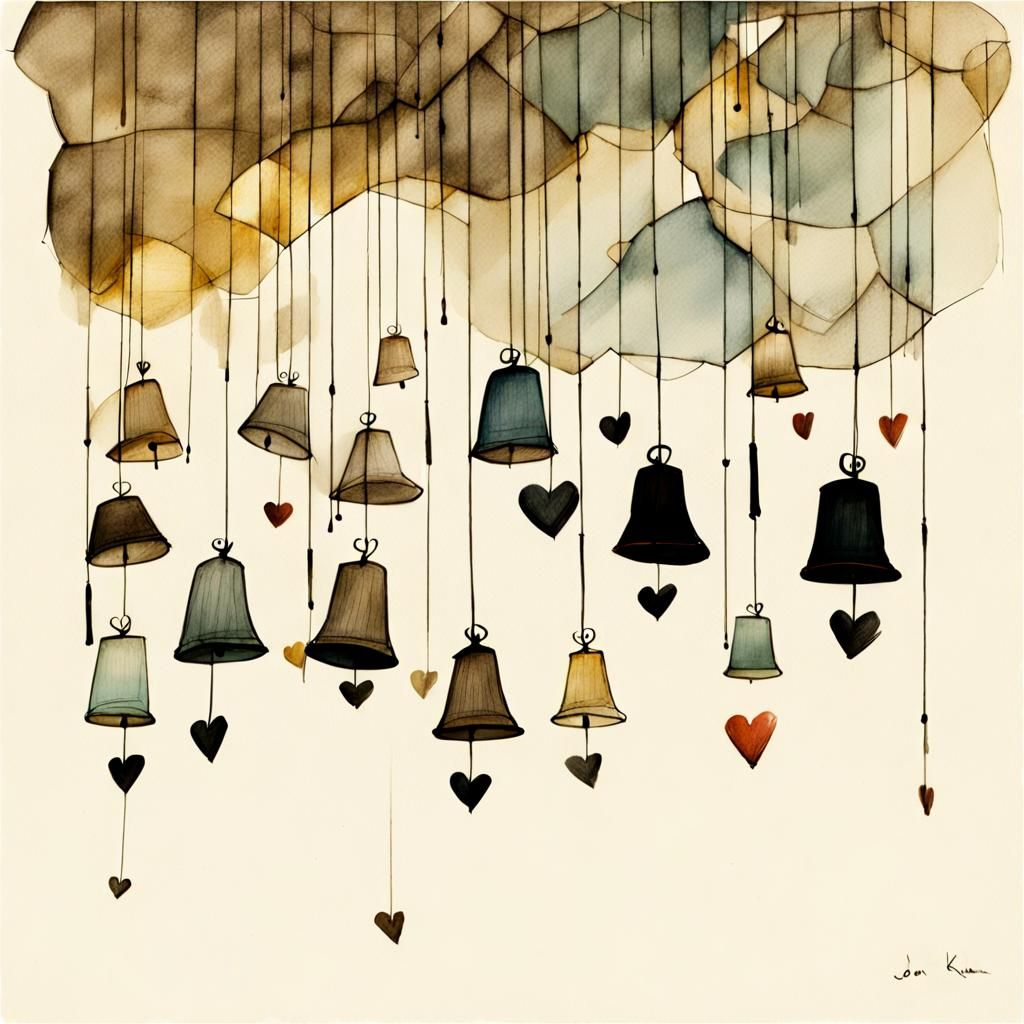 Bells and Hearts Sketch with Streaks of Paint