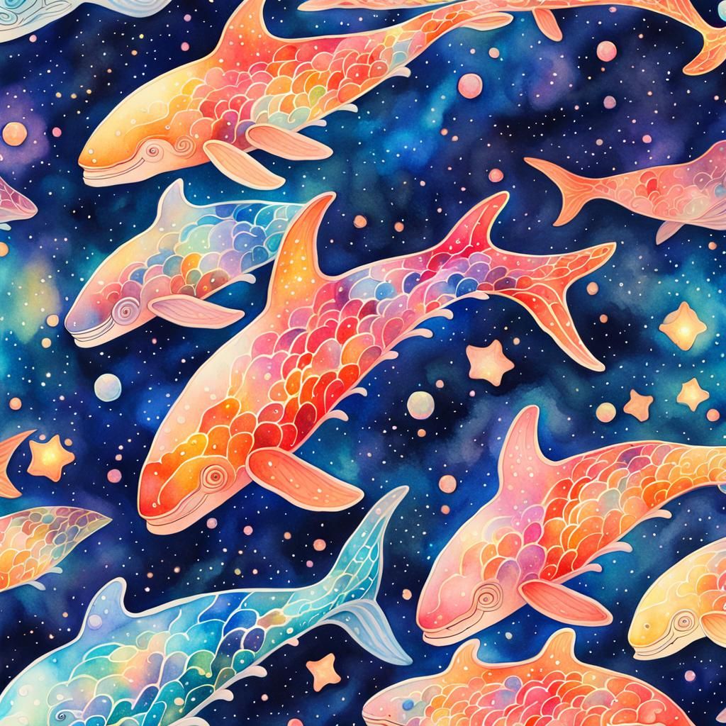 Crystal Whales Swim Through Watercolor Cosmos