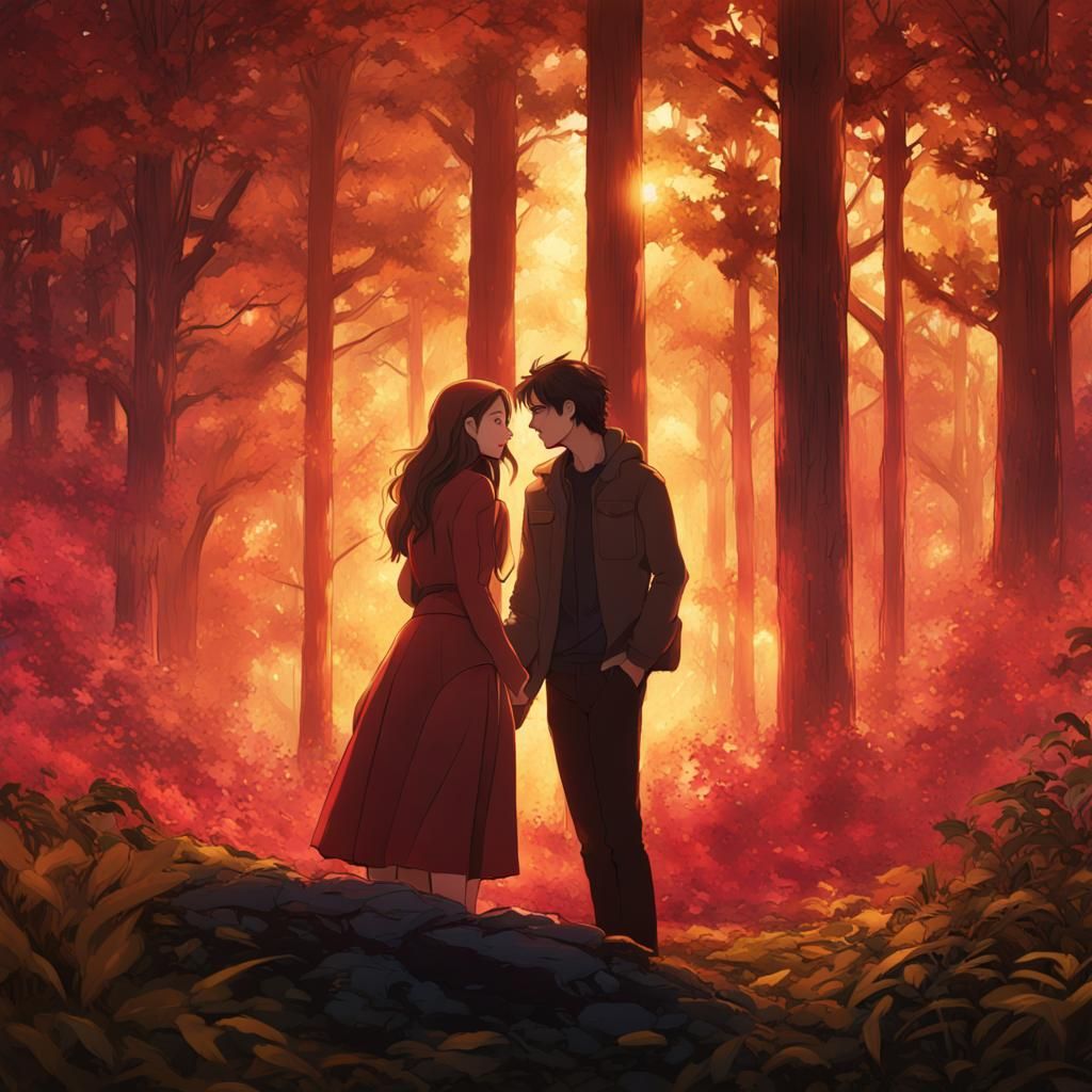 Wanda Maximoff and Damon Salvatore in Forest, Anime Style