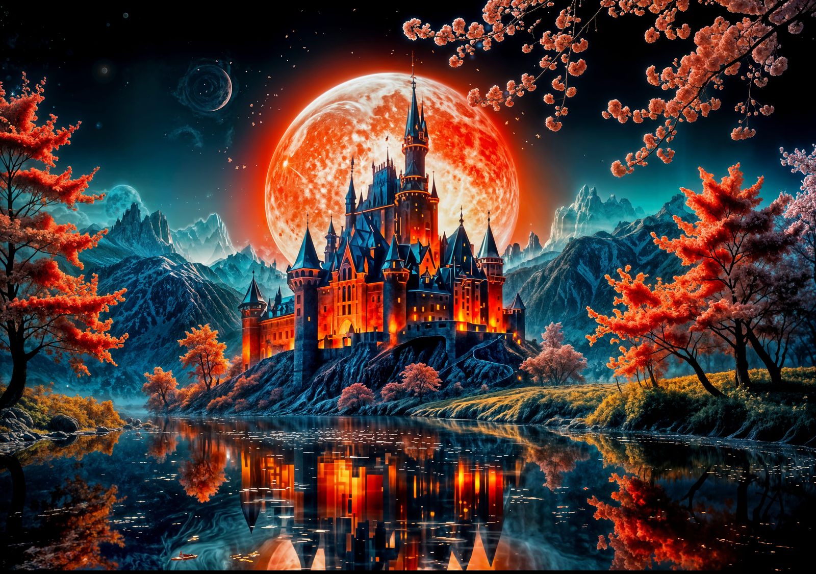 Magical Castle with Red Blossoms in Double Exposure Style