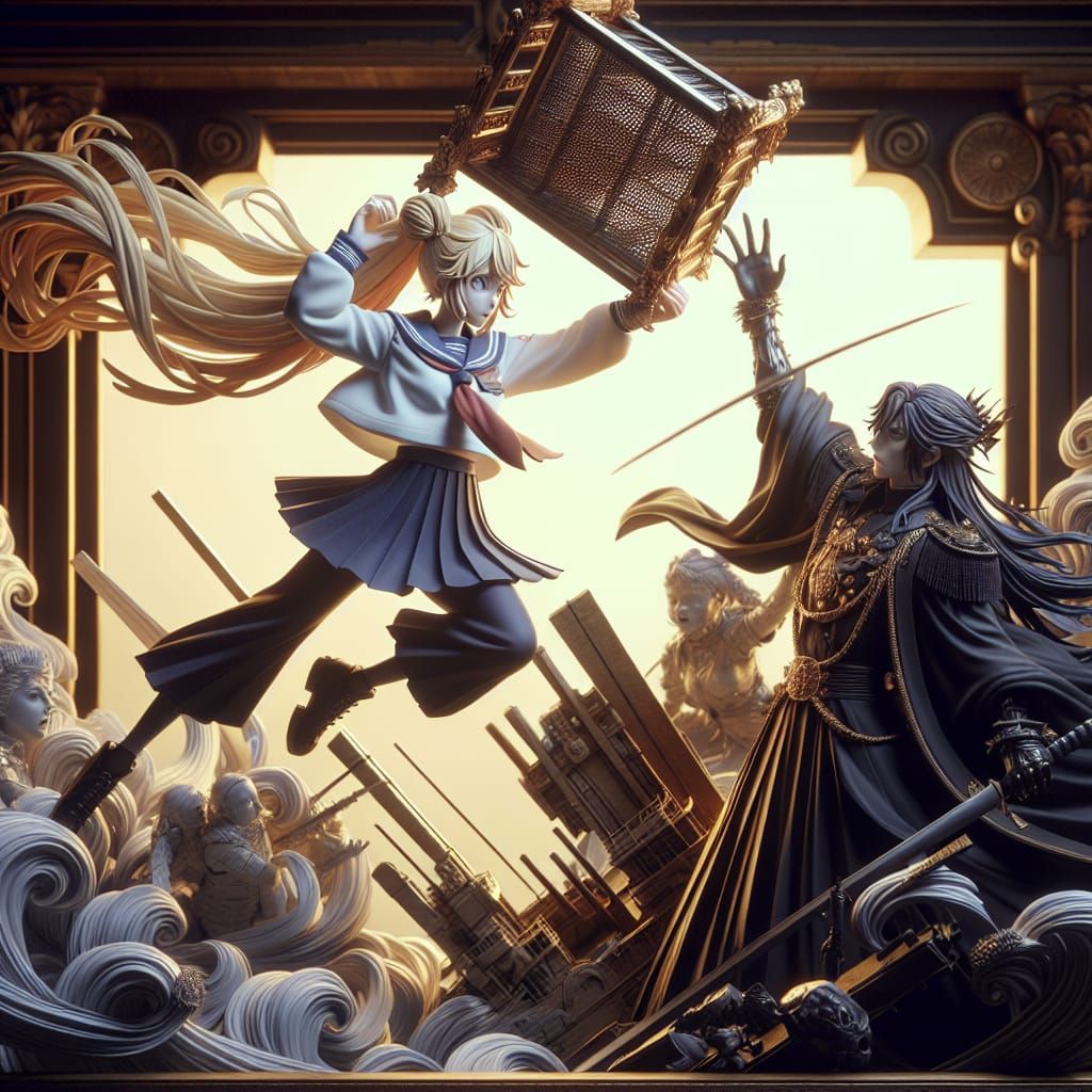 Sailor Moon hitting Queen Beryl with a folded steel chair