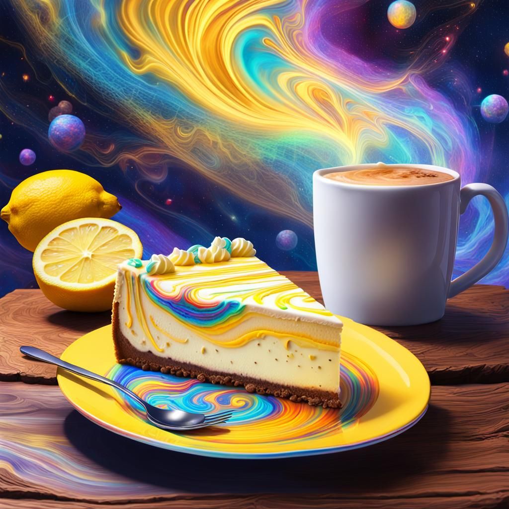 Cosmic Lemon Cheesecake with Coffee, Holographic Illustratio...
