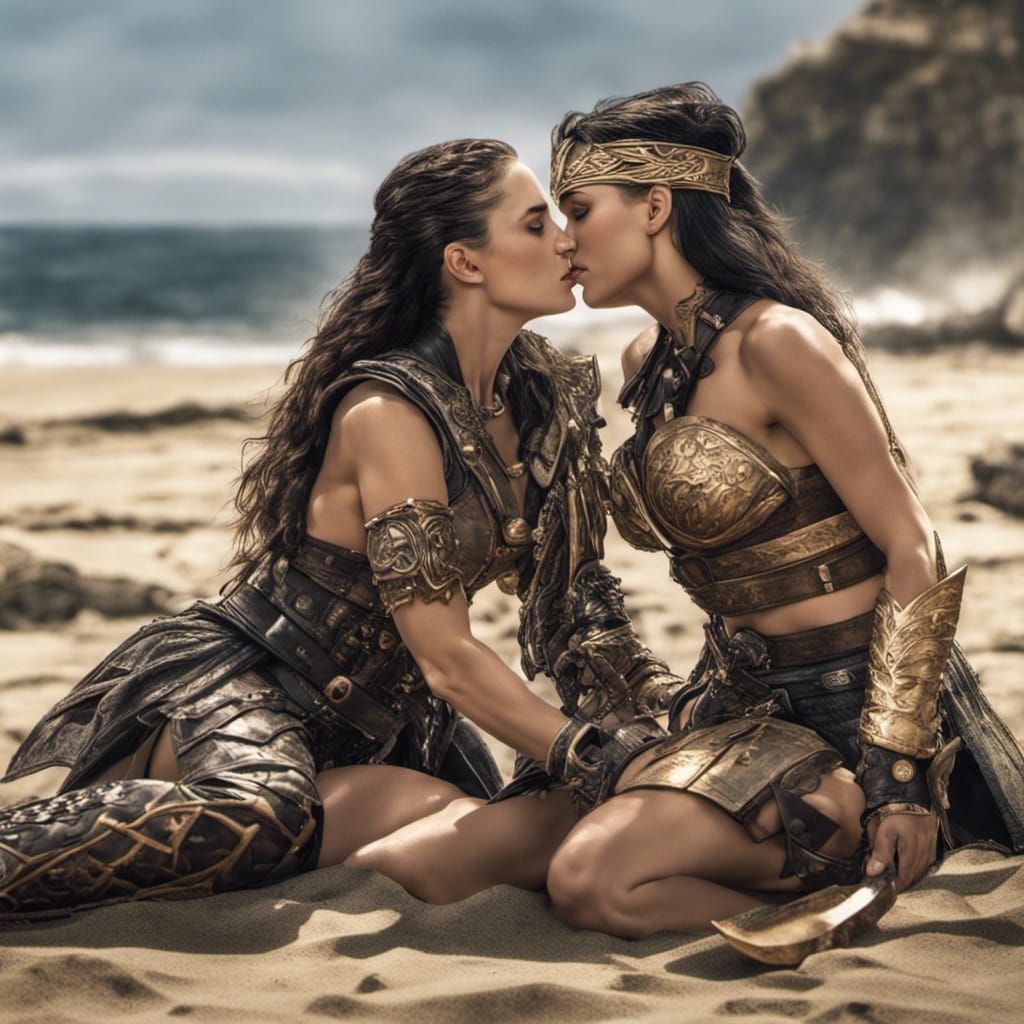 Passionate Embrace of Warrior Women on a Beach