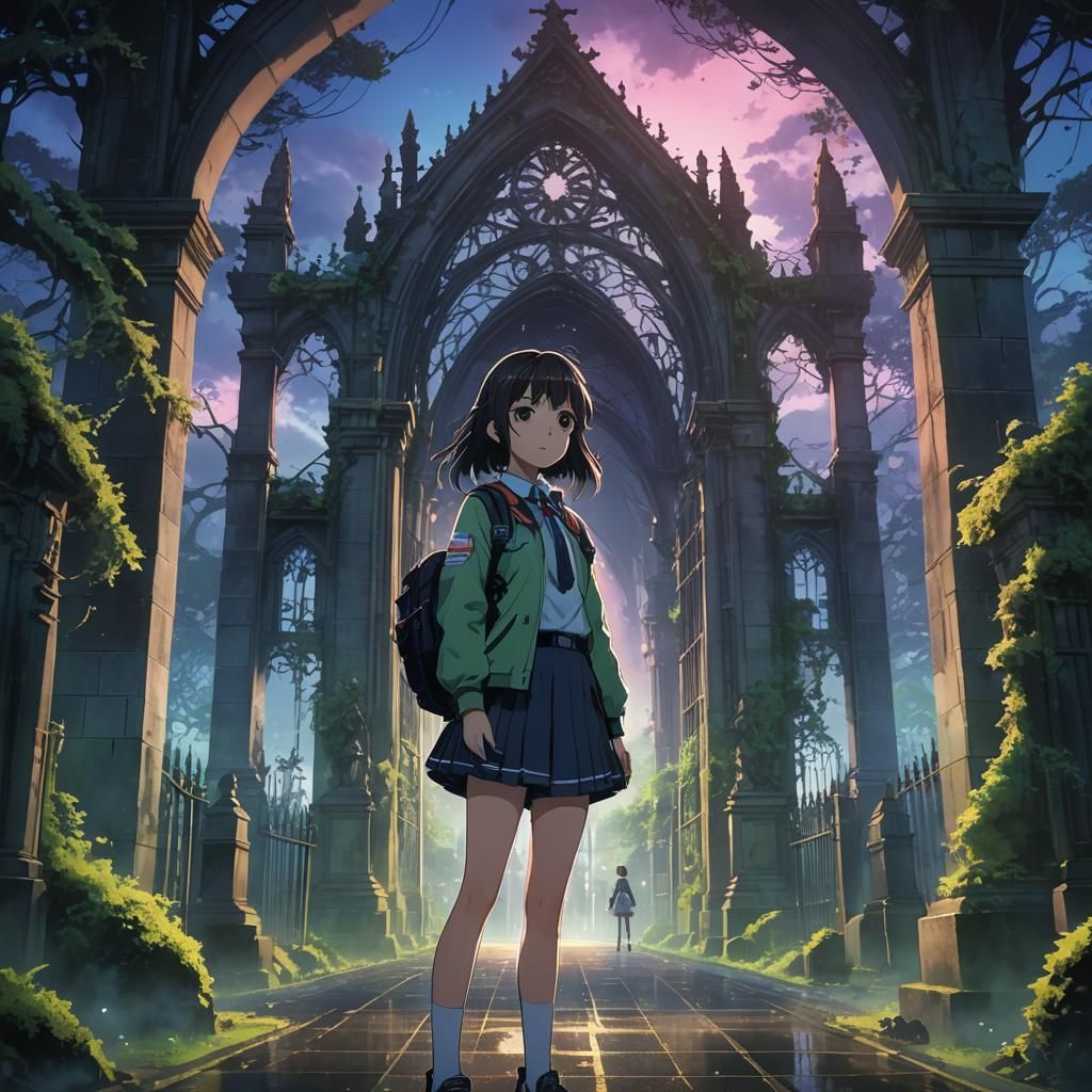 Anime Girl at Cemetery Gates in Neon Style