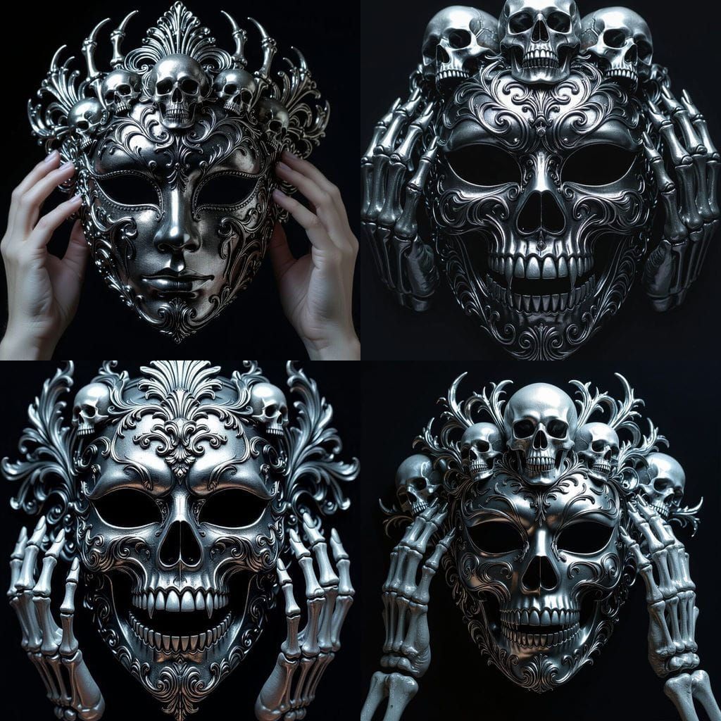 Ornate Silver Mask with Bone and Skull Motifs