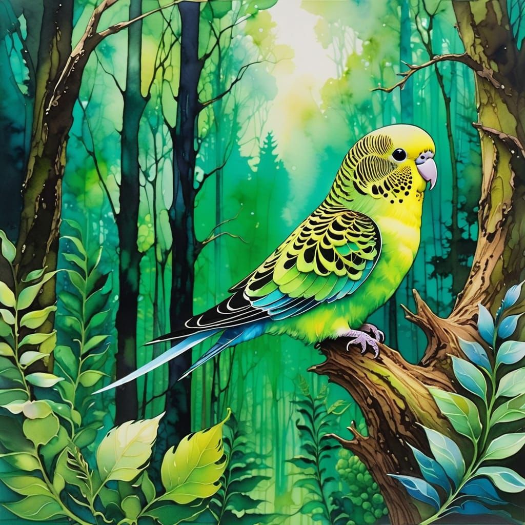Green Budgie Flying in Mystical Forest Clearing
