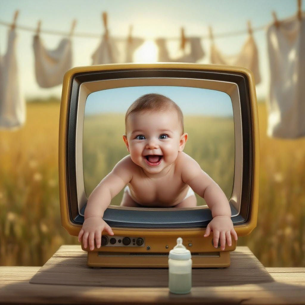 Baby Emerges from Retro TV: A Surreal Scene