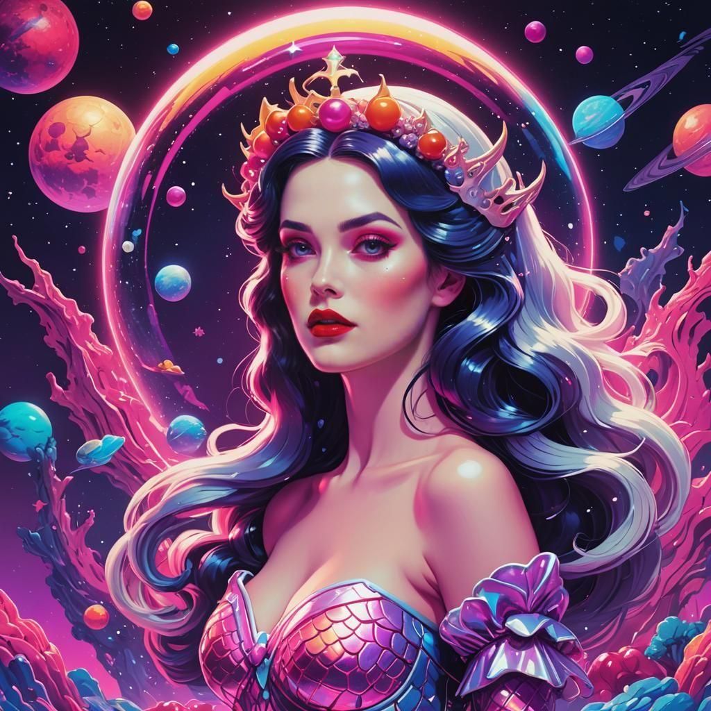 Snow White as Space Mermaid in Synthwave Style