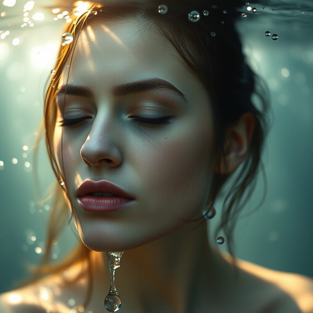 Serene Woman with Water Droplets, Soft Natural Lighting