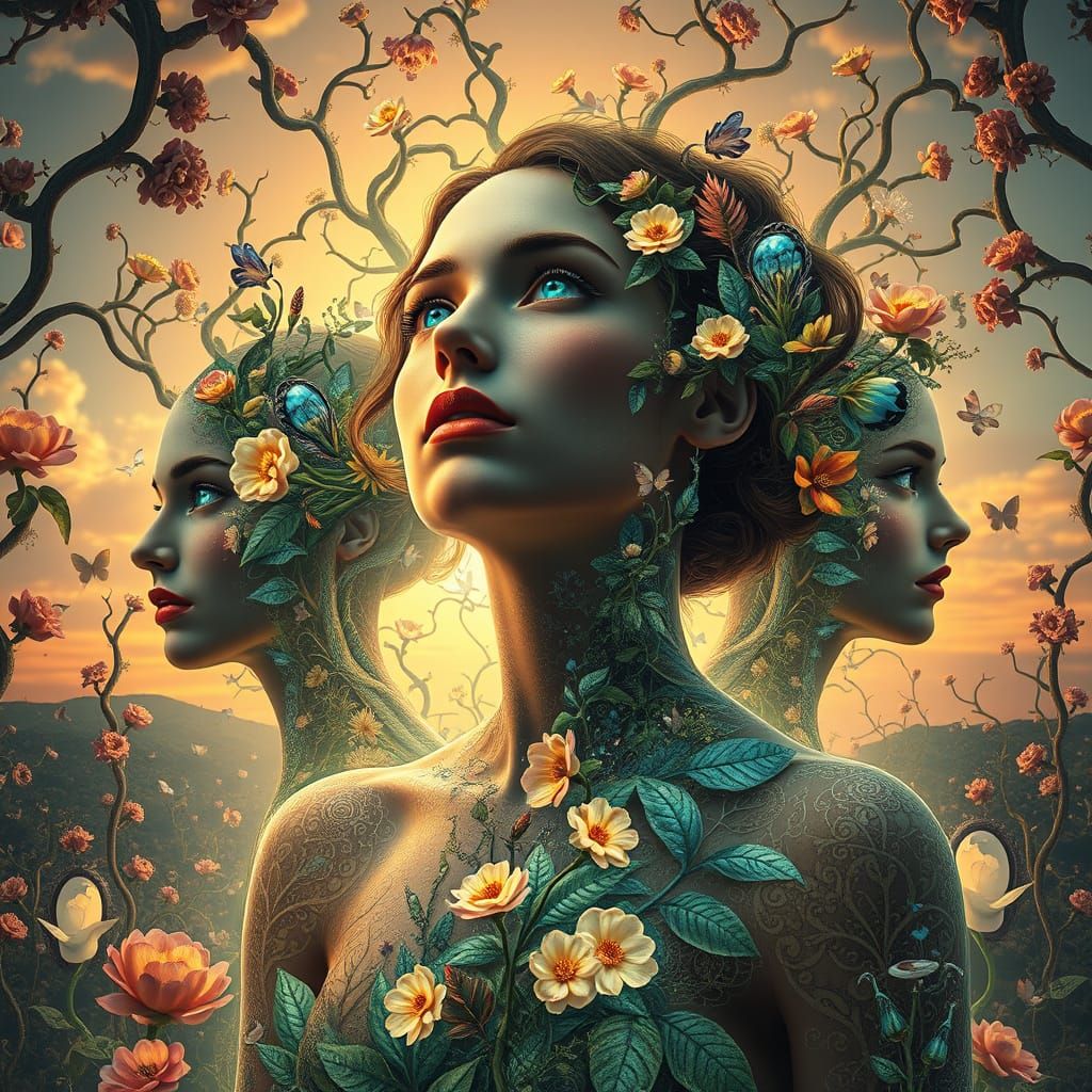 Surreal Goddess in Labyrinth of Light, Inspired by Klimt and...