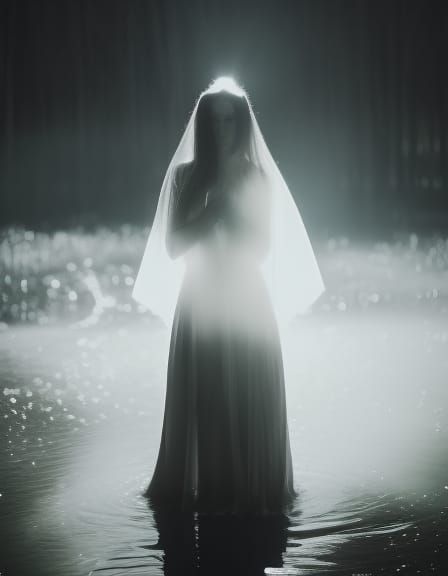 Ethereal Woman in Moonlit Swamp: Monochromatic Portrait