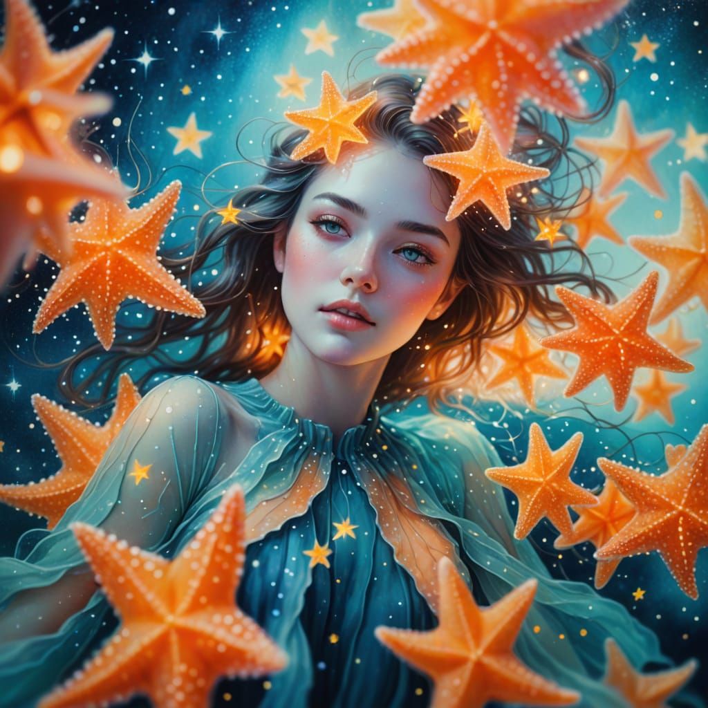 Surreal Portrait of Girl with Bioluminescent Sea Stars