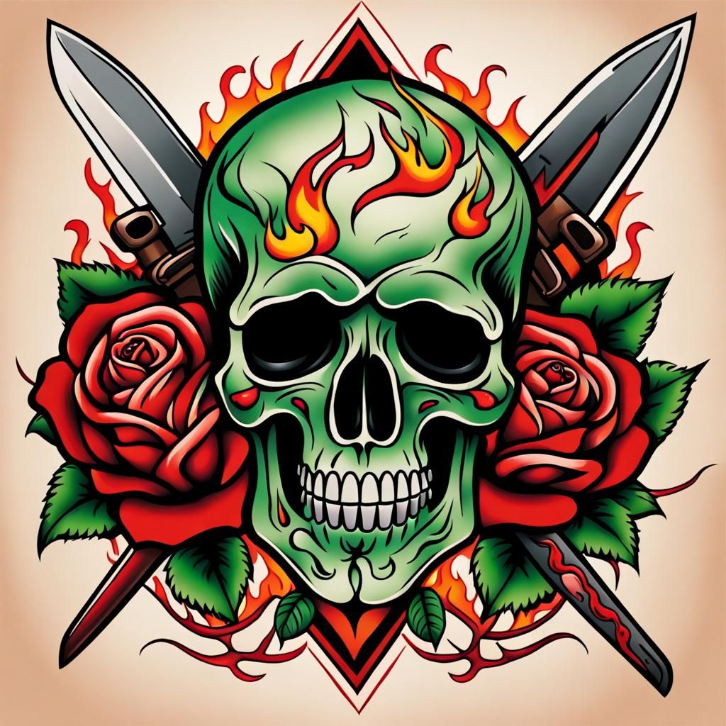 American Traditional Tattoo Design With Roses and Skulls