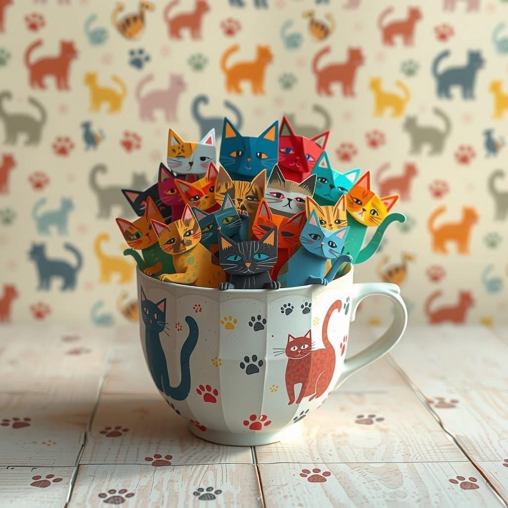 Coffee Cup Overflowing with Colorful Origami Cats