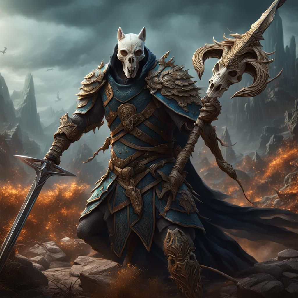 Spear with Wolf Skull: Detailed Fantasy Art