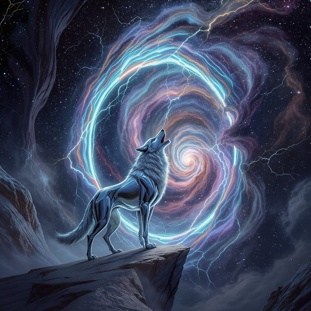 Chrome Wolf Howling at Nebula Portal