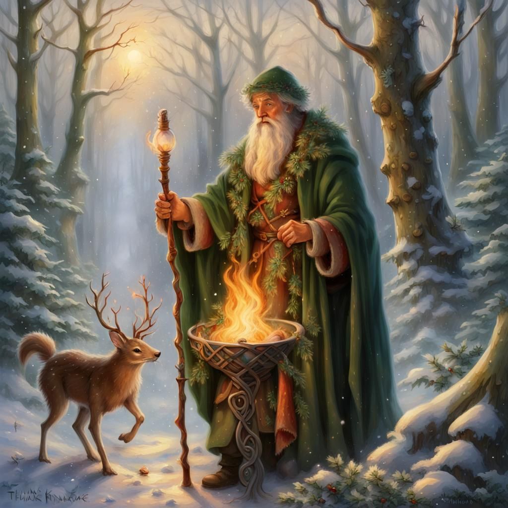 Festive Druid in Snowy Woodland Scene
