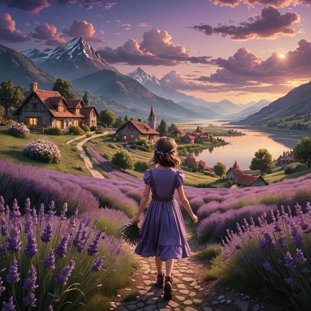 Lavender Field Fantasy: Girls, Flowers, and Distant Village