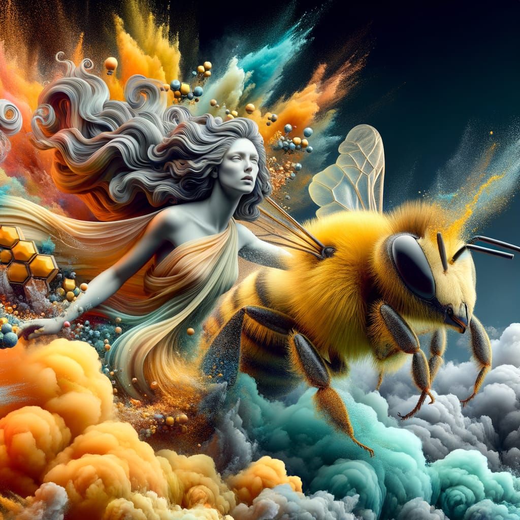 Goddess Riding Giant Bee Through Clouds in Hyperrealistic St...